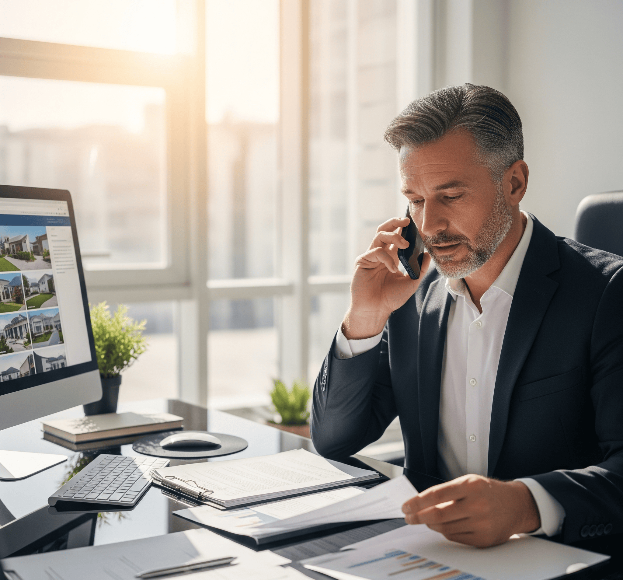 Professional real estate agent working with documents and technology